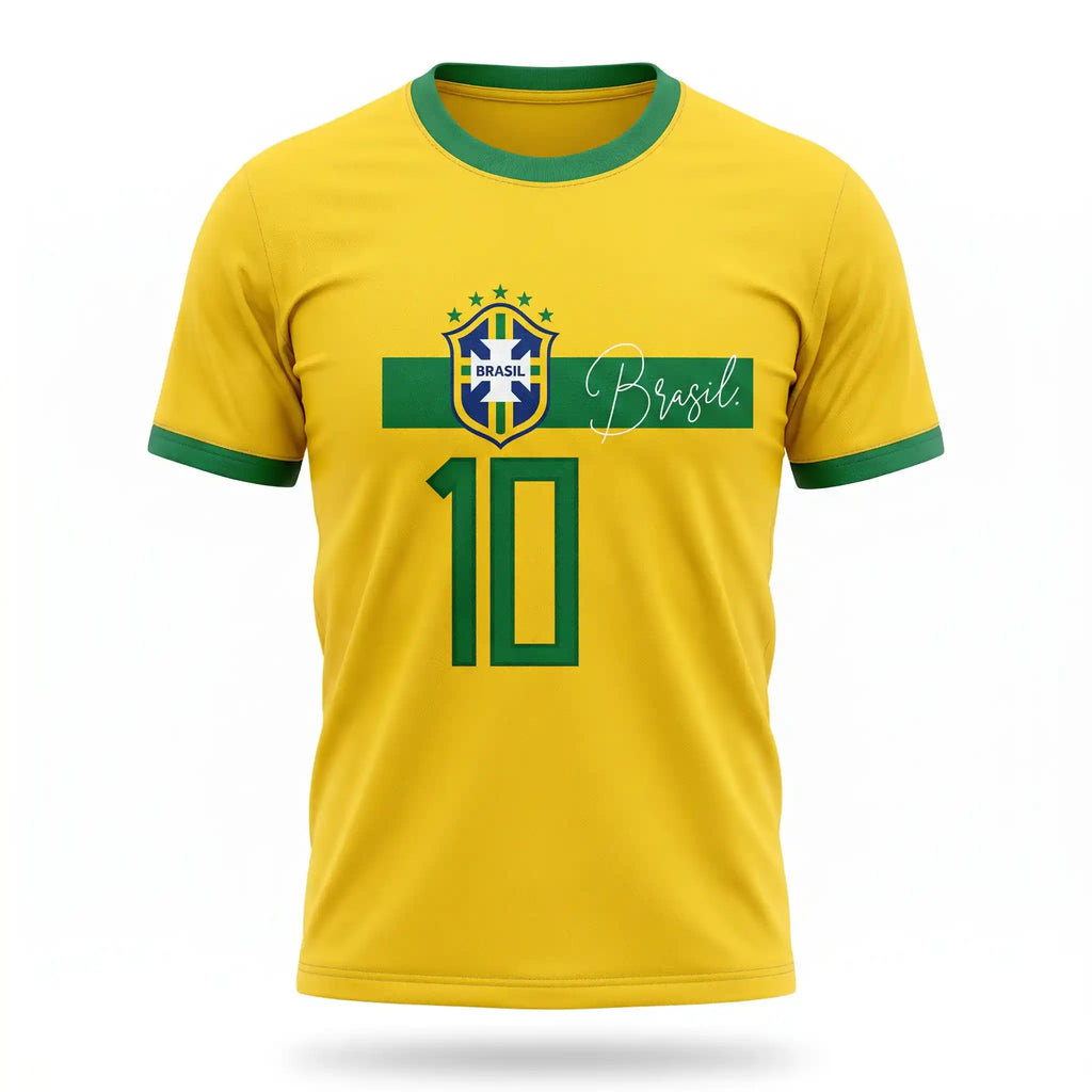 Camiseta masculina brasil faixa streetwear amarelo brasão BRASIL frontal — vista frente — VAI DAR BRASIL Copa 2026