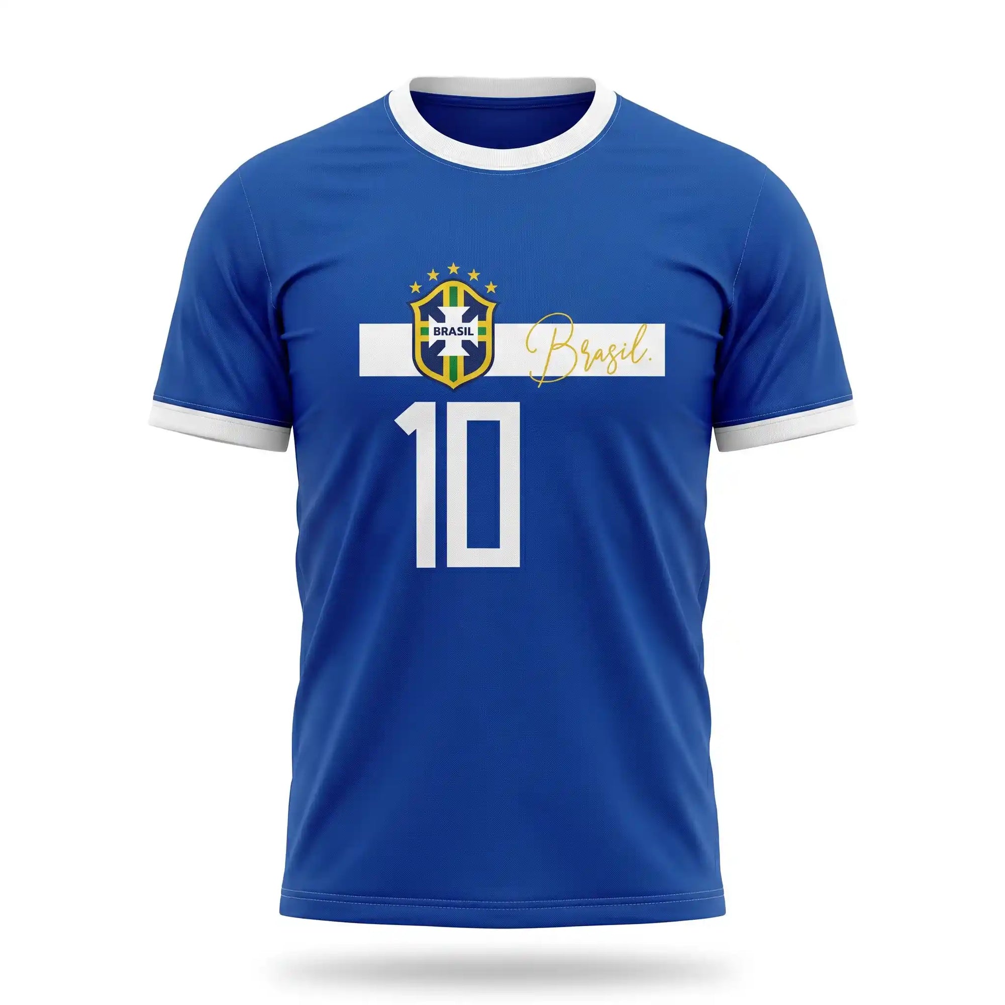 Camiseta masculina brasil faixa streetwear azul brasão BRASIL frontal — vista frente — VAI DAR BRASIL Copa 2026