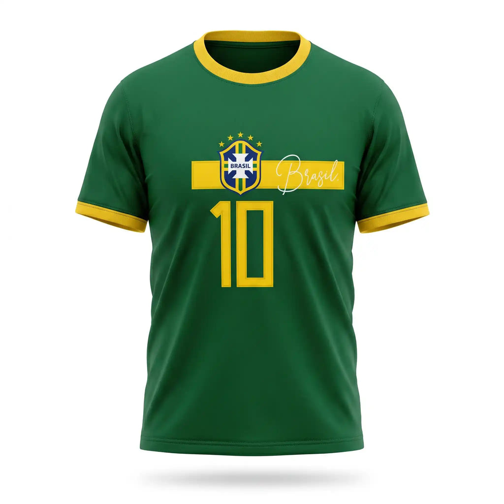 Camiseta masculina brasil faixa streetwear verde brasão BRASIL frontal — vista frente — VAI DAR BRASIL Copa 2026