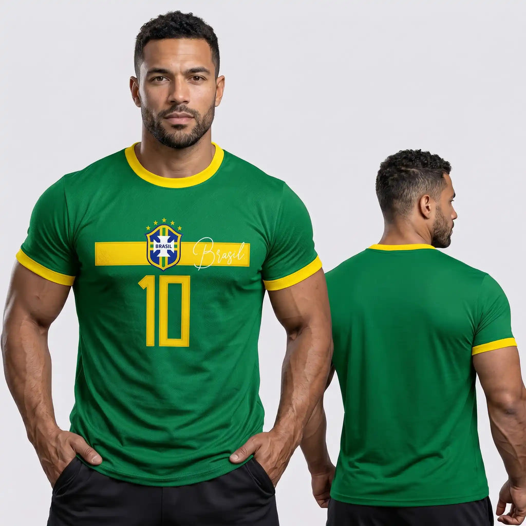 Modelo vestindo camiseta masculina brasil faixa streetwear brasão verde — look torcedor Copa 2026 VAI DAR BRASIL
