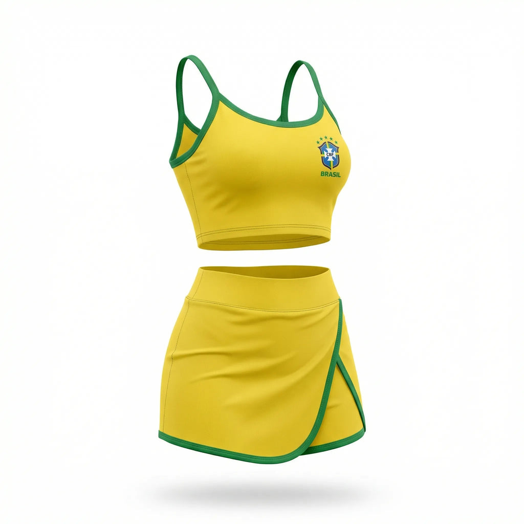 Conjunto academia top cropped short saia cbf brasil suplex slim amarelo feminino — VAI DAR BRASIL Copa 2026