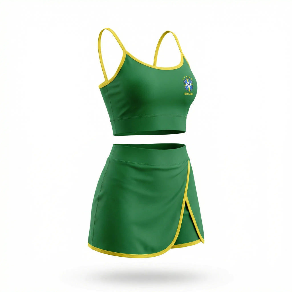 Conjunto academia top cropped short saia cbf brasil suplex slim verde feminino — VAI DAR BRASIL Copa 2026