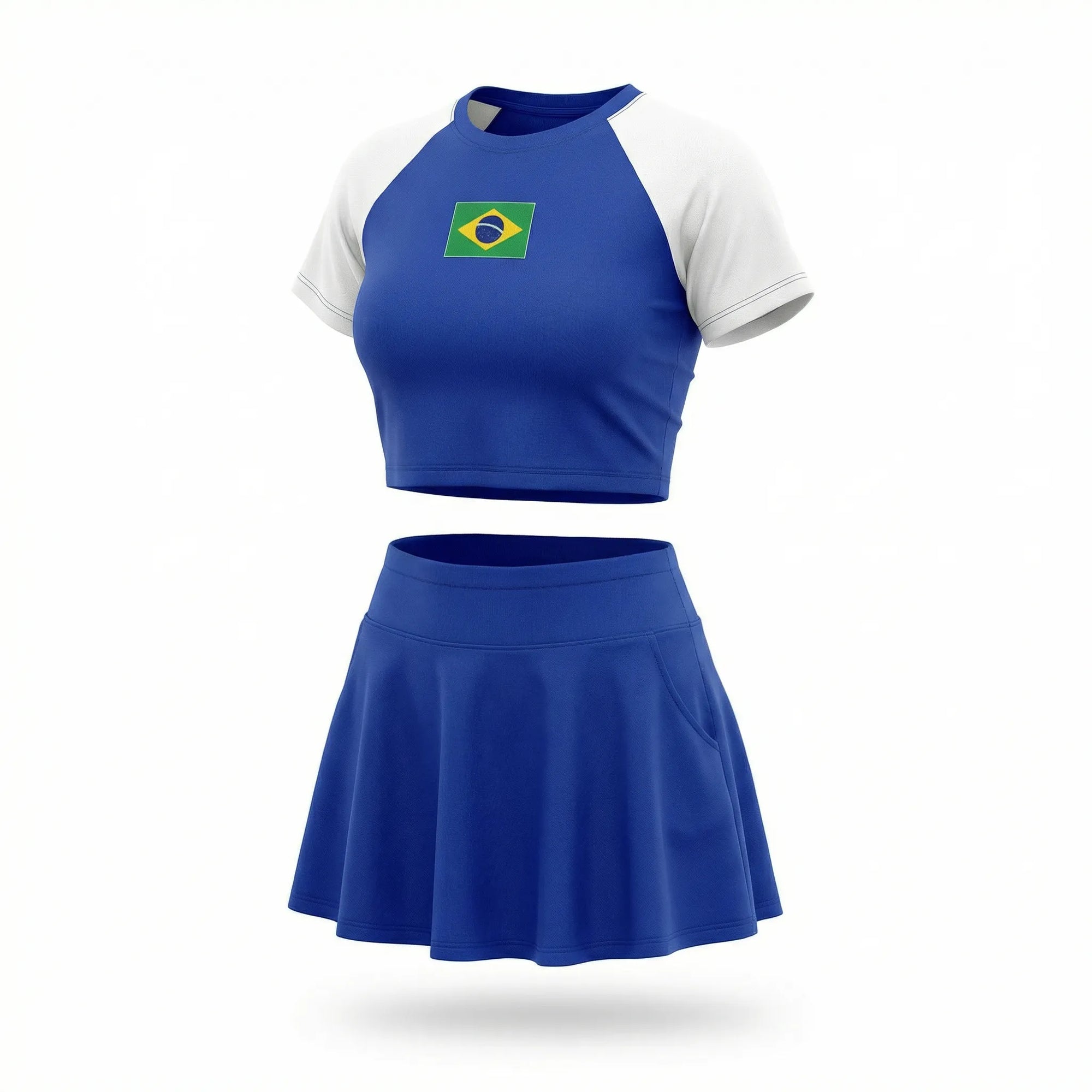Conjunto brasil cropped manga short saia suplex slim azul bandeira feminino — VAI DAR BRASIL Copa 2026