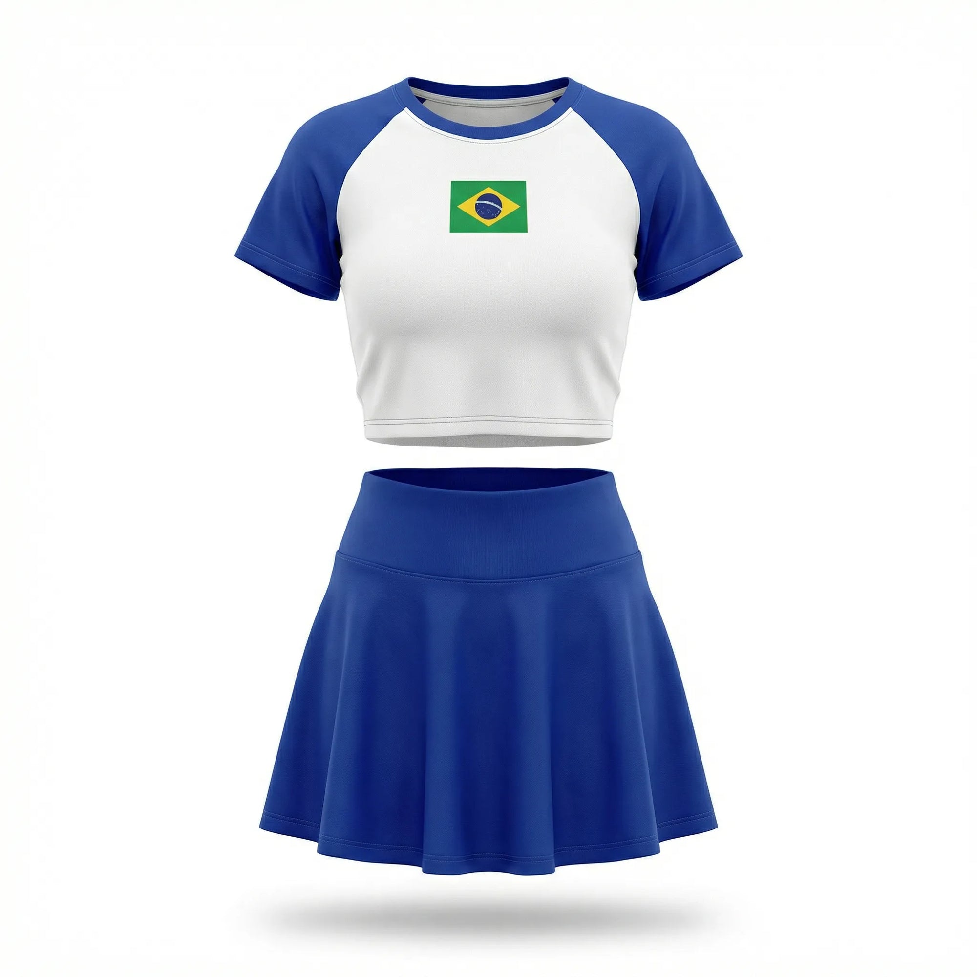 Conjunto brasil cropped manga short saia suplex slim branca bandeira feminino — VAI DAR BRASIL Copa 2026