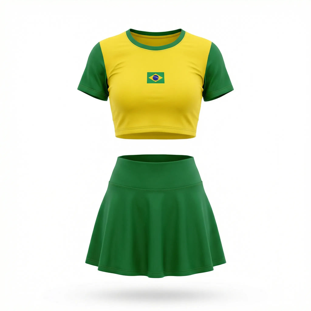 Conjunto brasil cropped manga short saia suplex slim amarela bandeira feminino — VAI DAR BRASIL Copa 2026