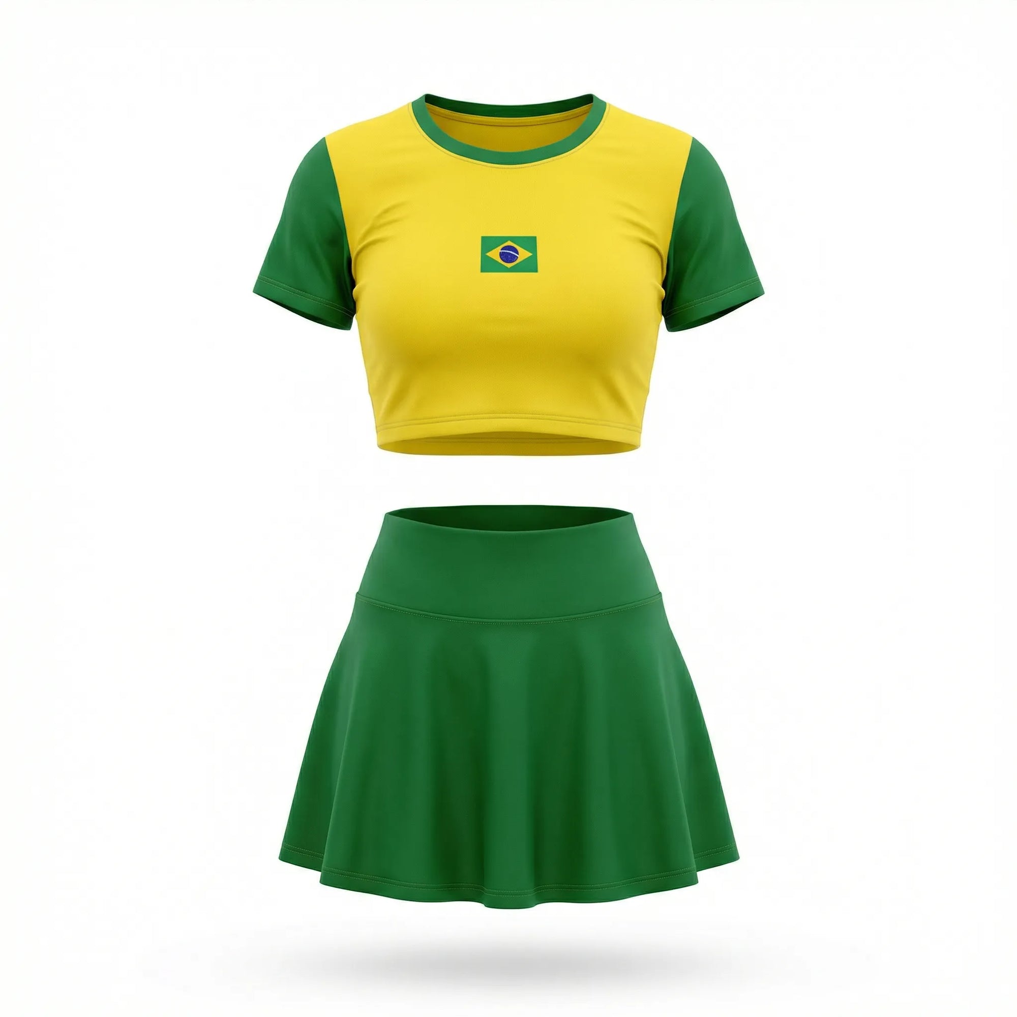 Conjunto brasil cropped manga short saia suplex slim amarela bandeira feminino — VAI DAR BRASIL Copa 2026
