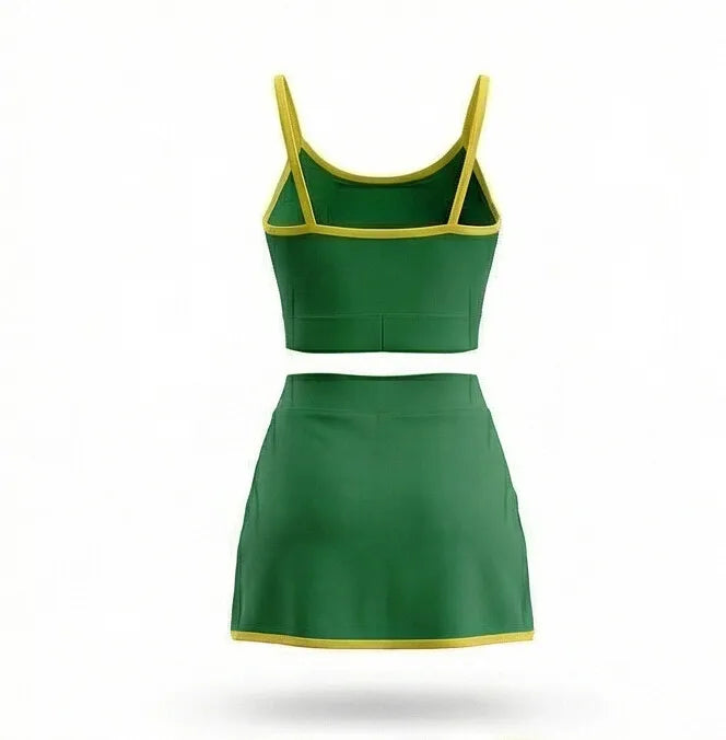 Vista traseira conjunto academia top short saia brasil suplex verde slim feminino VAI DAR BRASIL — Copa 2026