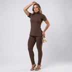Conjunto Feminino Canelado Blusa e Calça com Fenda Lateral Premium
