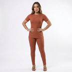 Conjunto Feminino Canelado Blusa e Calça com Fenda Lateral Premium