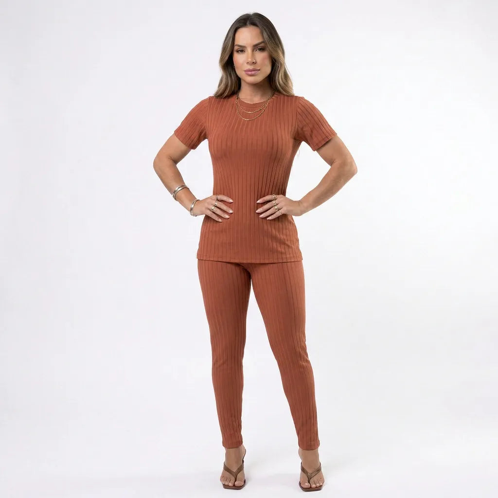 Conjunto Feminino Canelado Blusa e Calça com Fenda Lateral Premium
