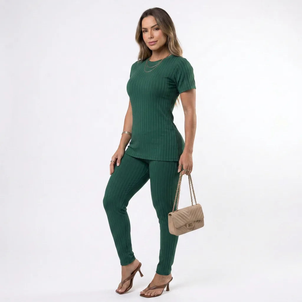Conjunto Feminino Canelado Blusa e Calça com Fenda Lateral Premium
