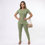 Conjunto Feminino Canelado Blusa e Calça com Fenda Lateral Premium