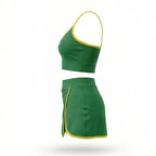 Vista lateral conjunto academia top short saia brasil suplex verde slim feminino VAI DAR BRASIL — Copa 2026