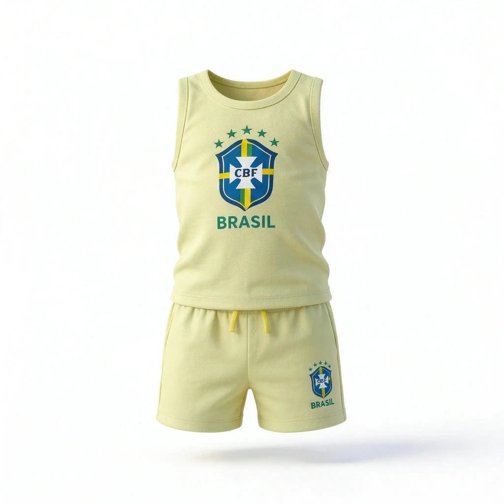 Conjunto infantil brasil camiseta short algodão premium amarela logo seleção — VAI DAR BRASIL Copa 2026