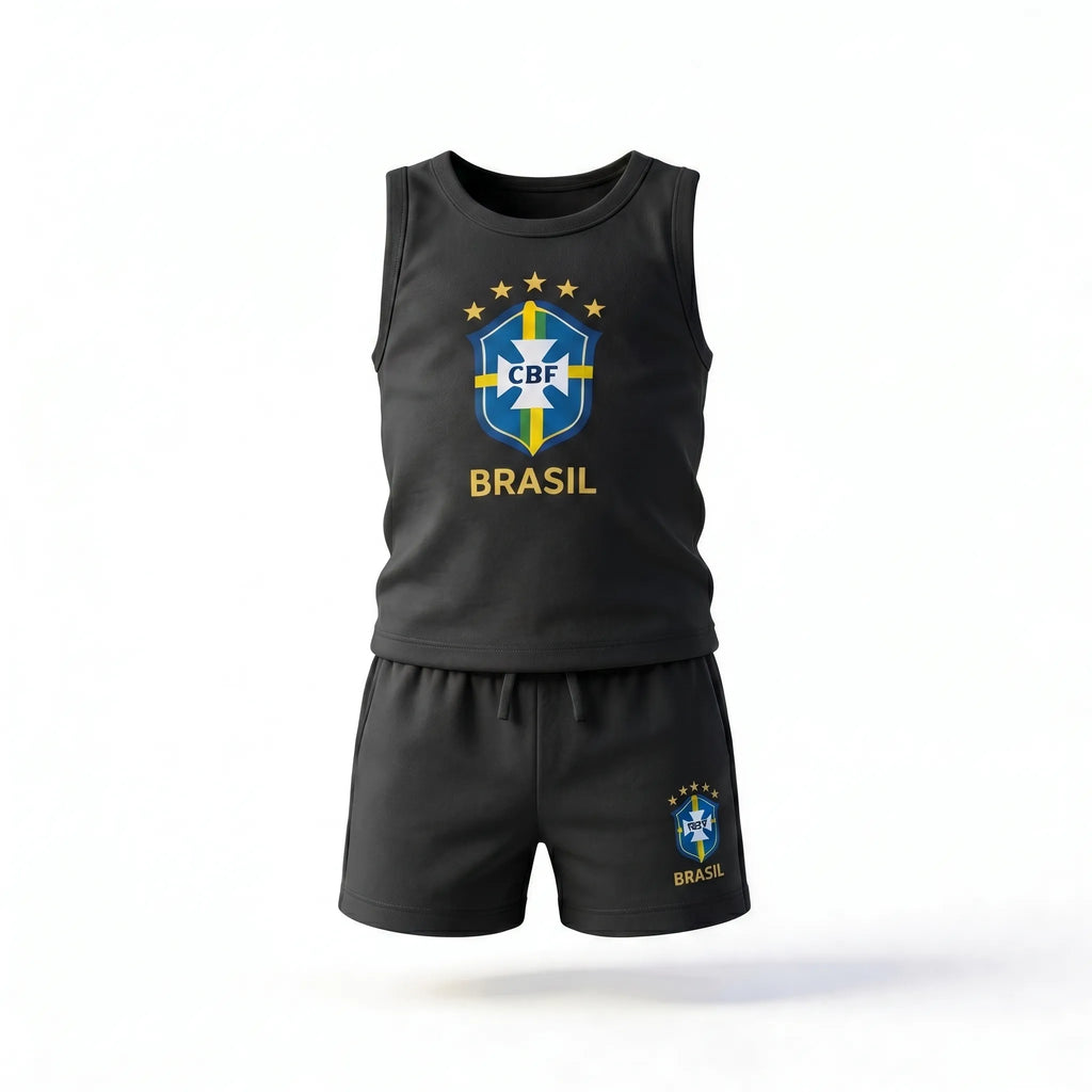 Conjunto infantil brasil camiseta short algodão premium preto logo seleção — VAI DAR BRASIL Copa 2026