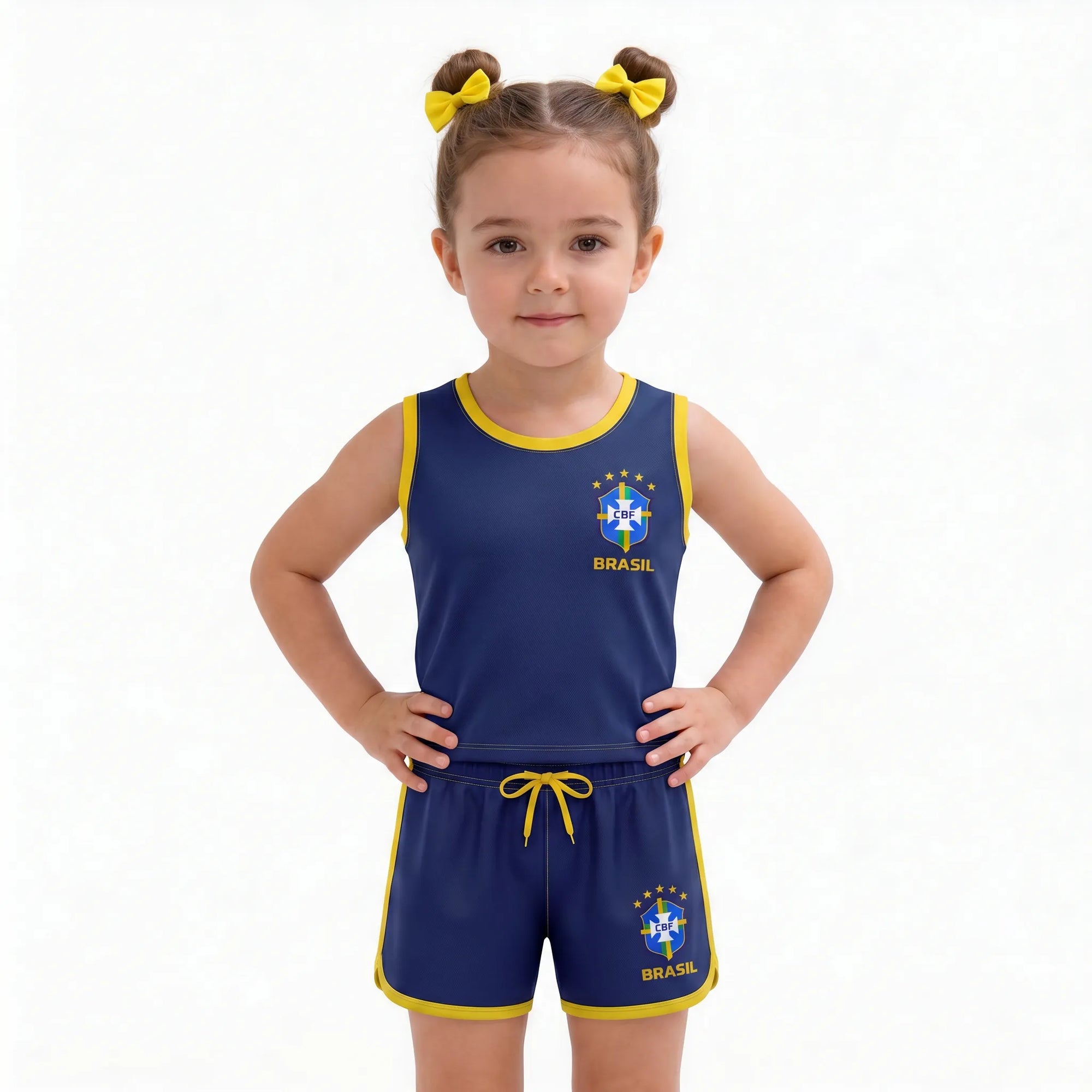 Menina vestindo conjunto infantil feminino brasil brasão seleção blusa short azul marinho — look torcida Copa 2026 VAI DAR BRASIL