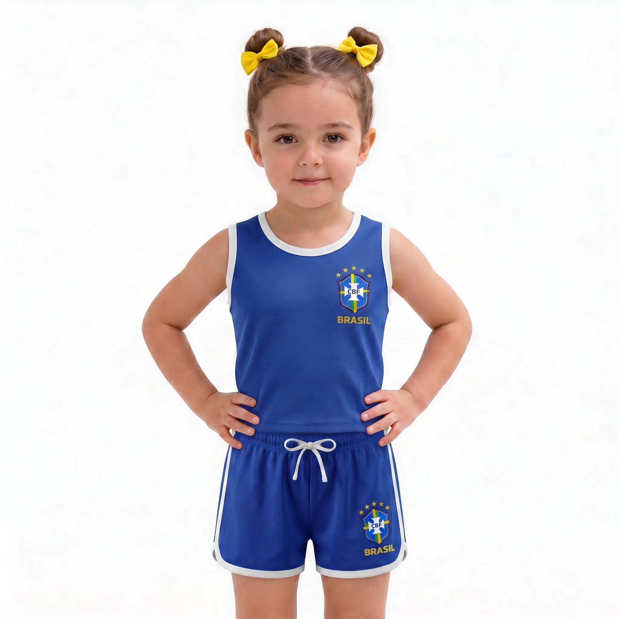 Menina vestindo conjunto infantil feminino brasil brasão seleção blusa short azul — look torcida Copa 2026 VAI DAR BRASIL