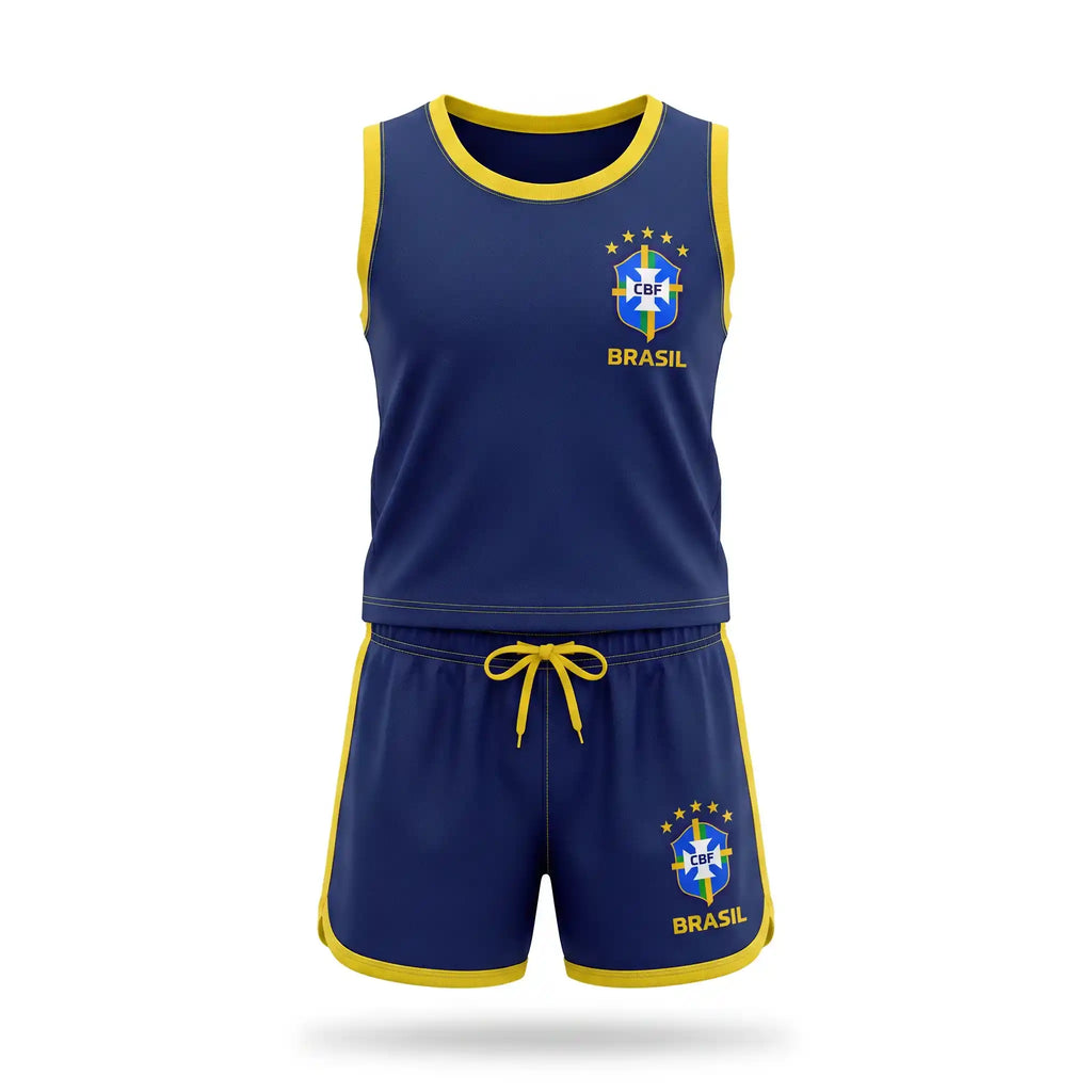 Conjunto infantil feminino blusa short brasão seleção brasil azul marinho — vista frontal — VAI DAR BRASIL Copa 2026