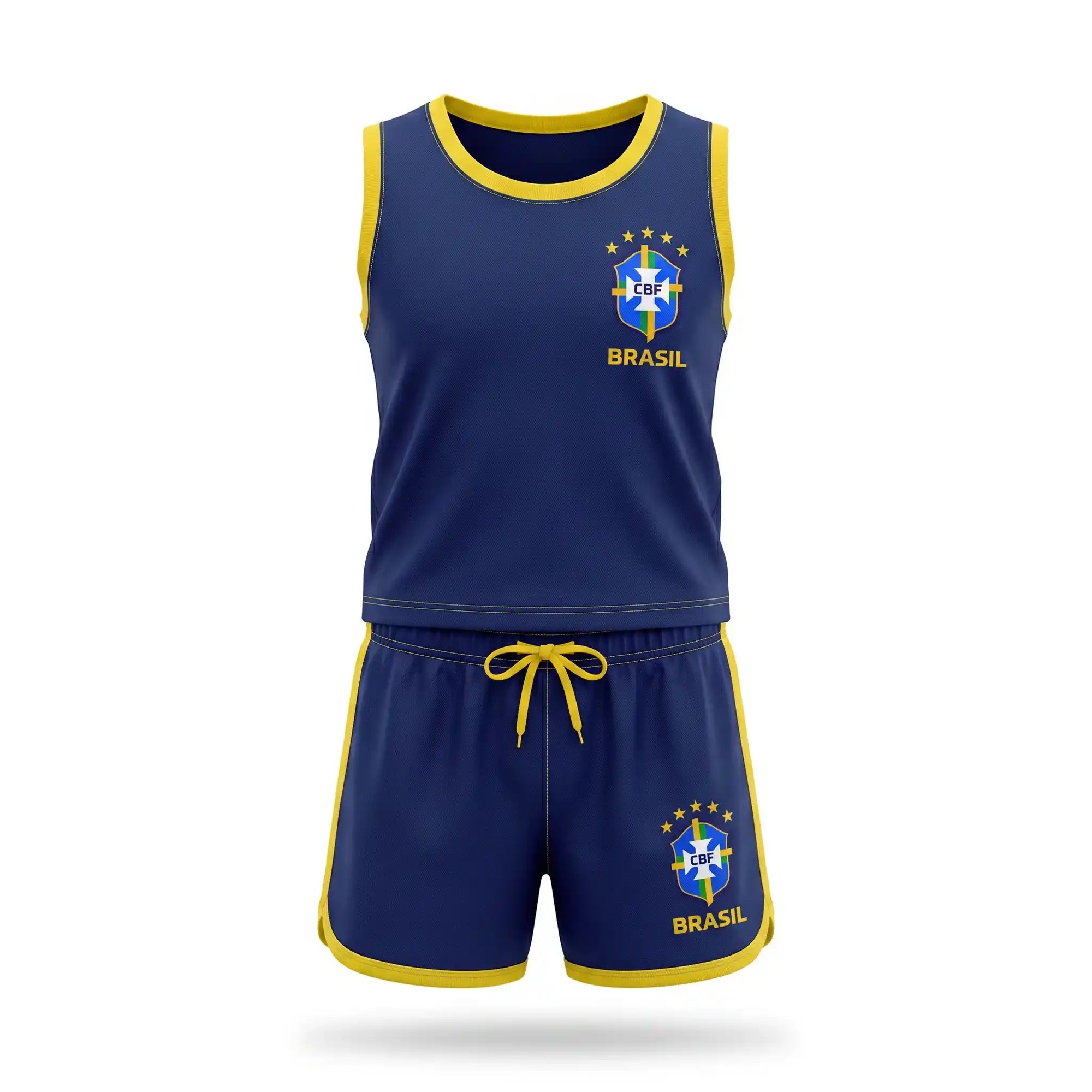 Conjunto infantil feminino blusa short brasão seleção brasil azul marinho — vista frontal — VAI DAR BRASIL Copa 2026