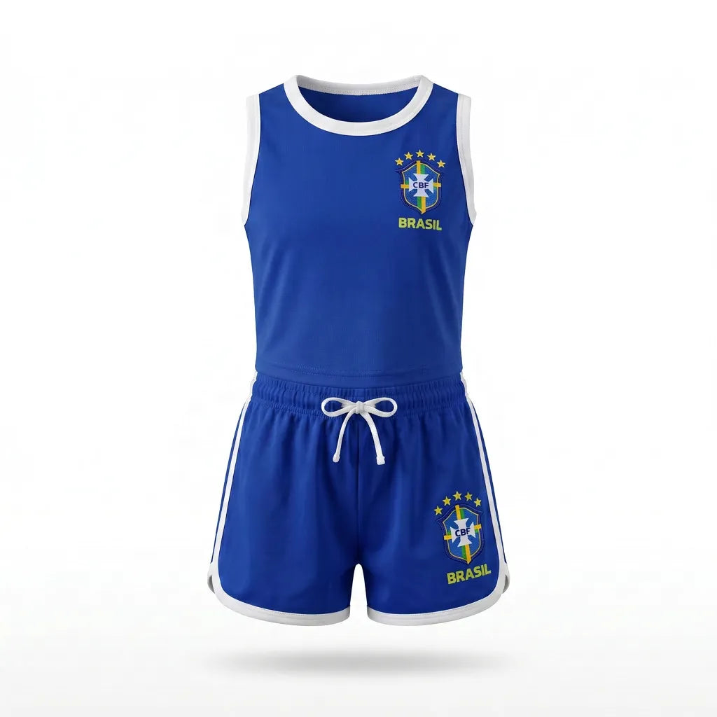 Conjunto infantil feminino blusa short brasão seleção brasil azul — vista frontal — VAI DAR BRASIL Copa 2026