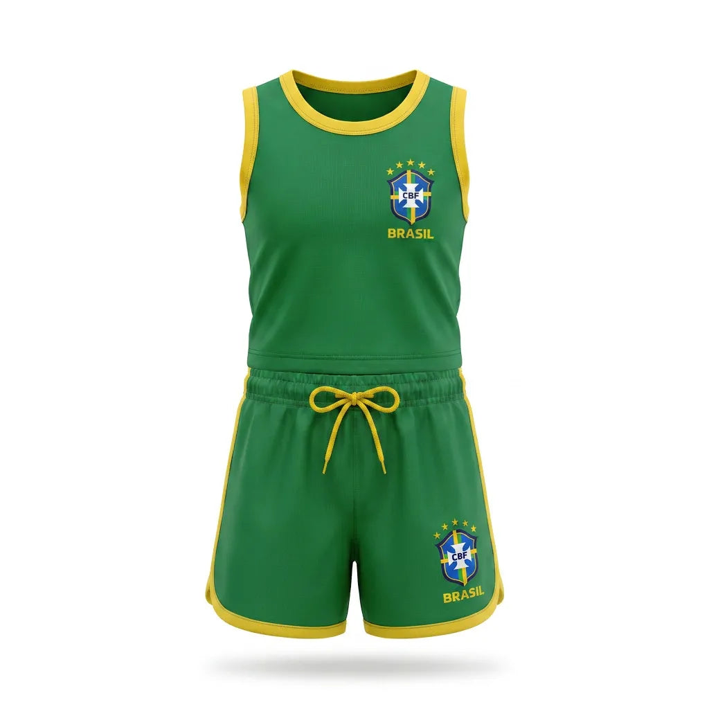 Conjunto infantil feminino blusa short brasão seleção brasil verde — vista frontal — VAI DAR BRASIL Copa 2026