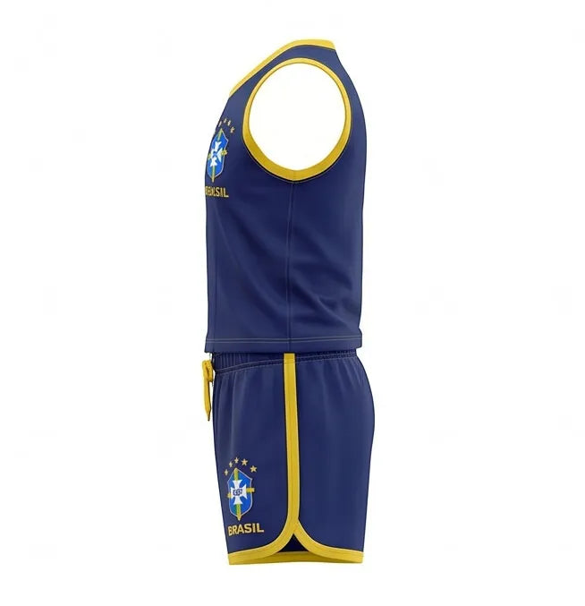 Vista lateral do conjunto infantil feminino brasil blusa short algodão poliéster azul marinho — VAI DAR BRASIL Copa 2026