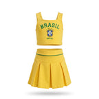 Conjunto infantil saia plissada cropped brasil brasão amarelo — vista frontal — VAI DAR BRASIL Copa 2026 menina