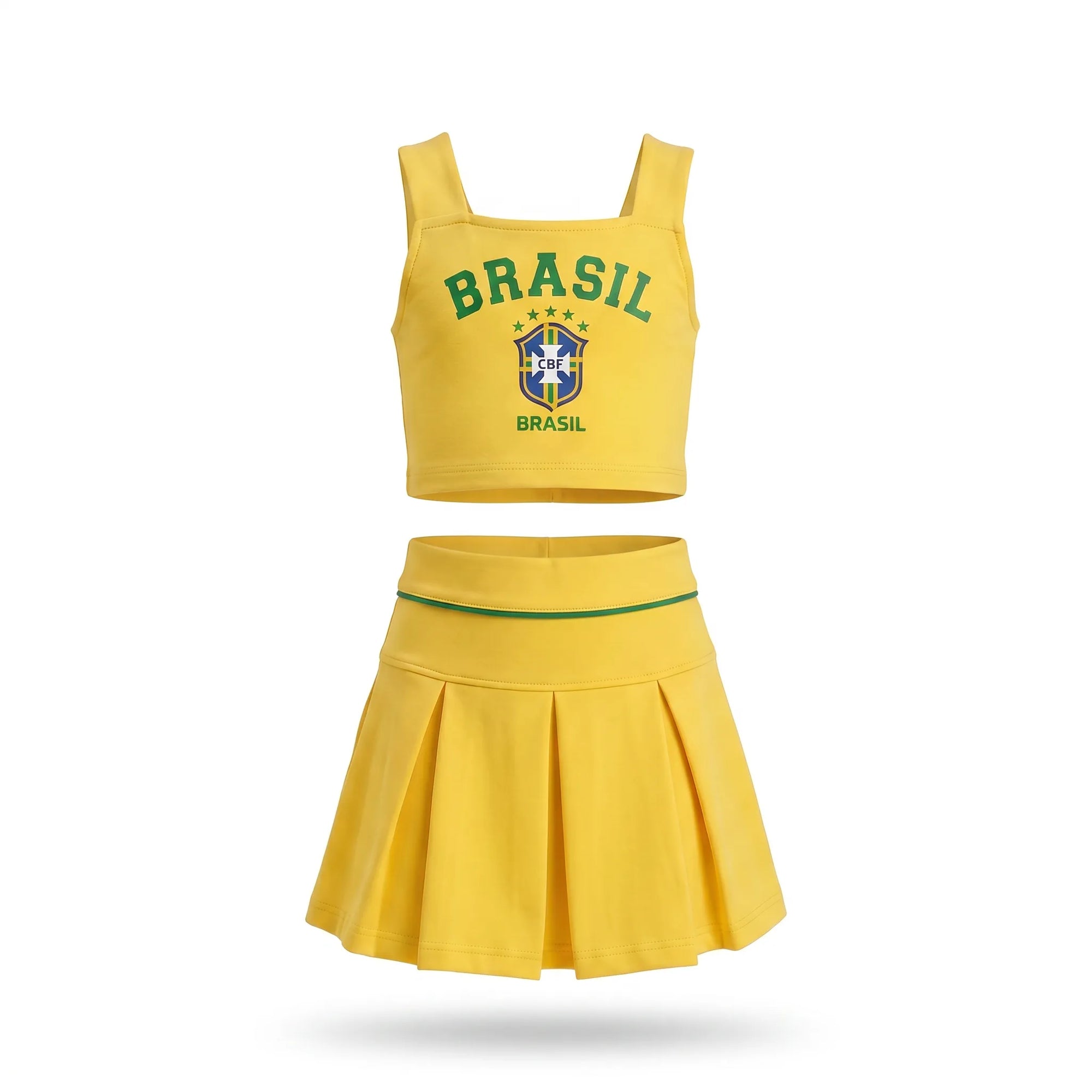 Conjunto infantil saia plissada cropped brasil brasão amarelo — vista frontal — VAI DAR BRASIL Copa 2026 menina