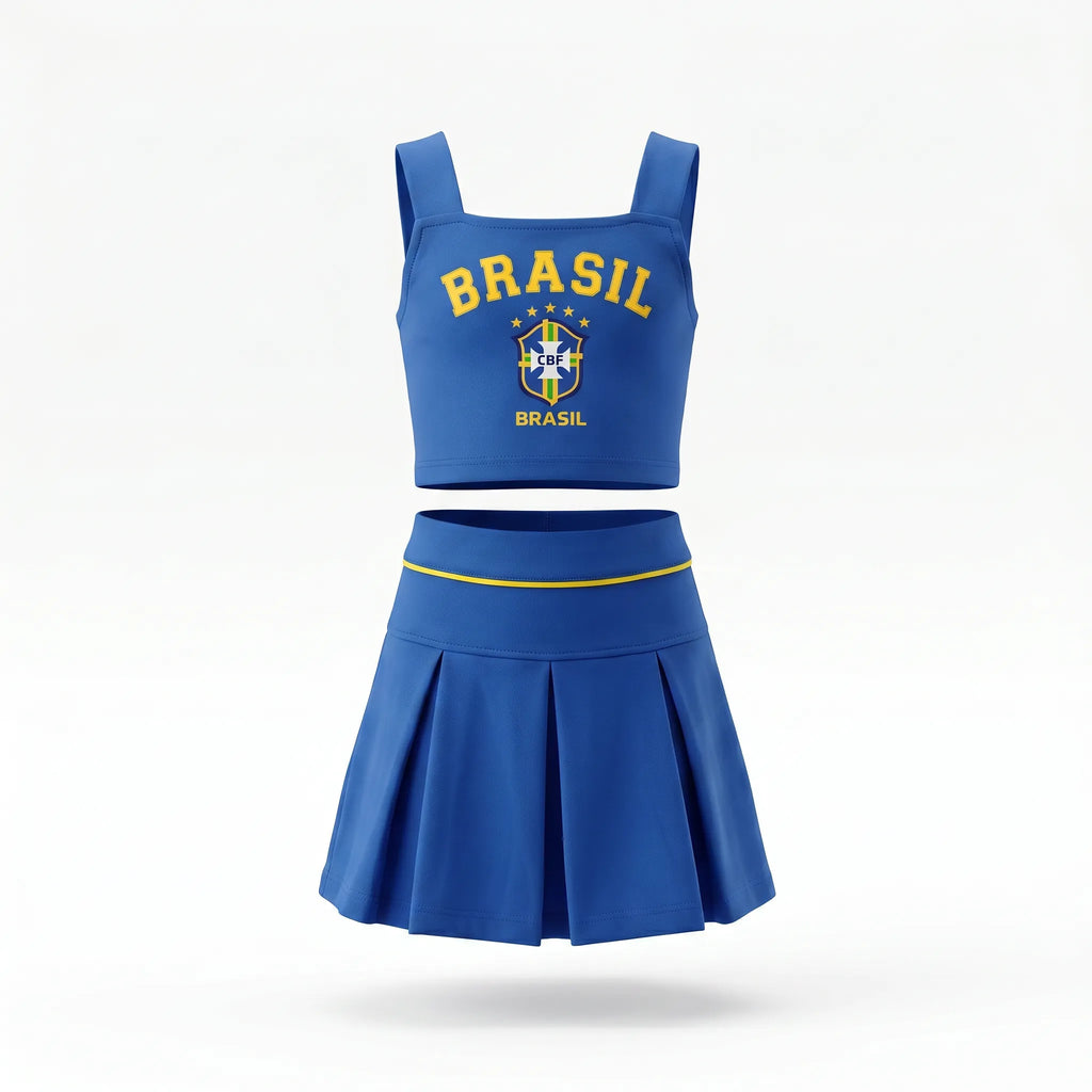 Conjunto infantil saia plissada cropped brasil brasão azul — vista frontal — VAI DAR BRASIL Copa 2026 menina