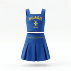 Conjunto infantil saia plissada cropped brasil brasão azul — vista frontal — VAI DAR BRASIL Copa 2026 menina