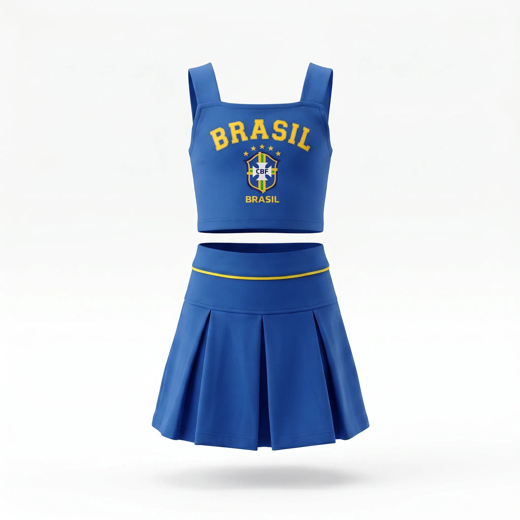 Conjunto infantil saia plissada cropped brasil brasão azul — vista frontal — VAI DAR BRASIL Copa 2026 menina