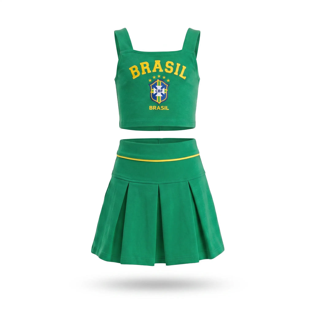 Conjunto infantil saia plissada cropped brasil brasão verde — vista frontal — VAI DAR BRASIL Copa 2026 menina