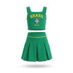 Conjunto infantil saia plissada cropped brasil brasão verde — vista frontal — VAI DAR BRASIL Copa 2026 menina