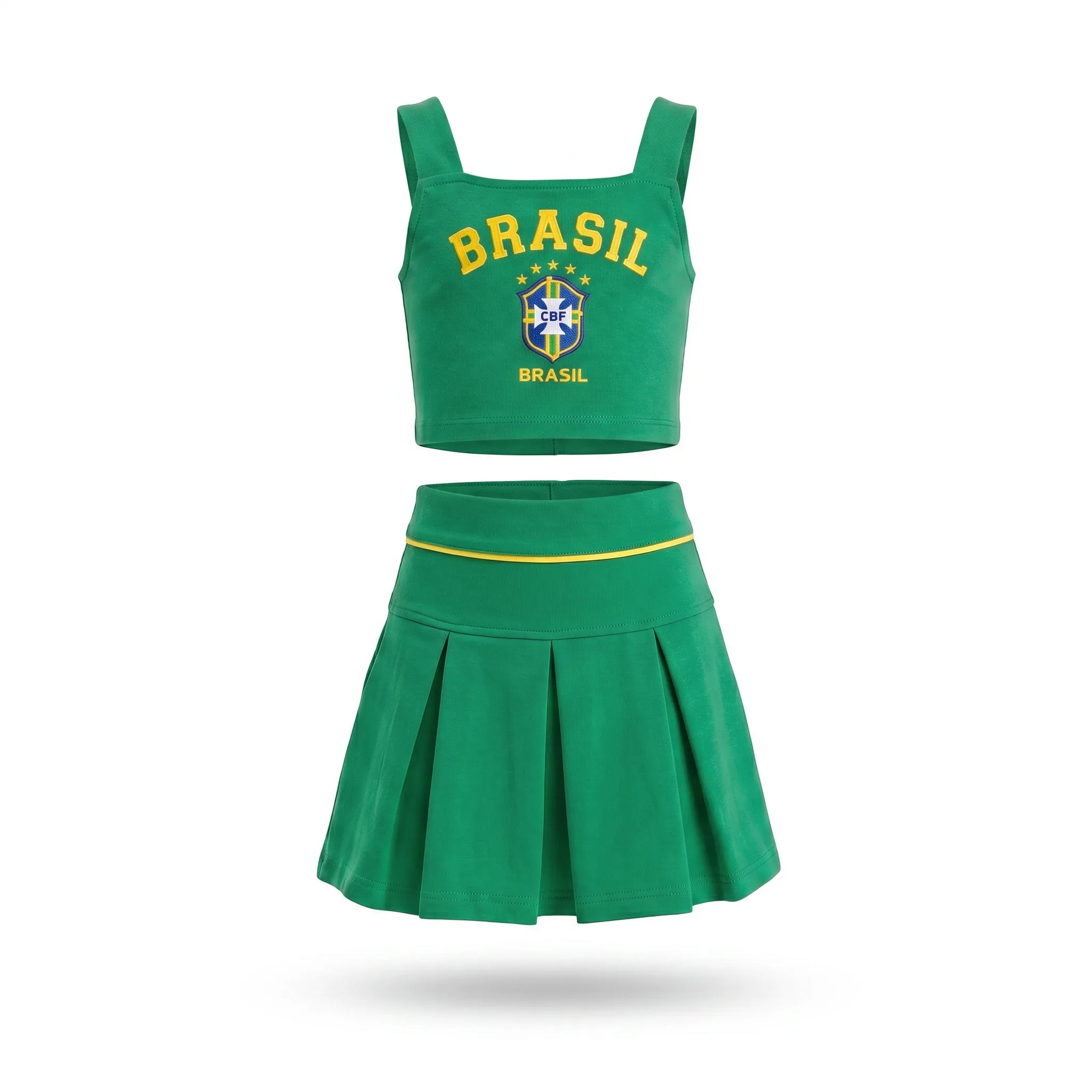 Conjunto infantil saia plissada cropped brasil brasão verde — vista frontal — VAI DAR BRASIL Copa 2026 menina