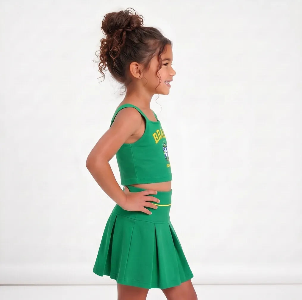 Conjunto Infantil Saia Plissada + Cropped Brasil ✦ Copa | VAI DAR BRASIL
