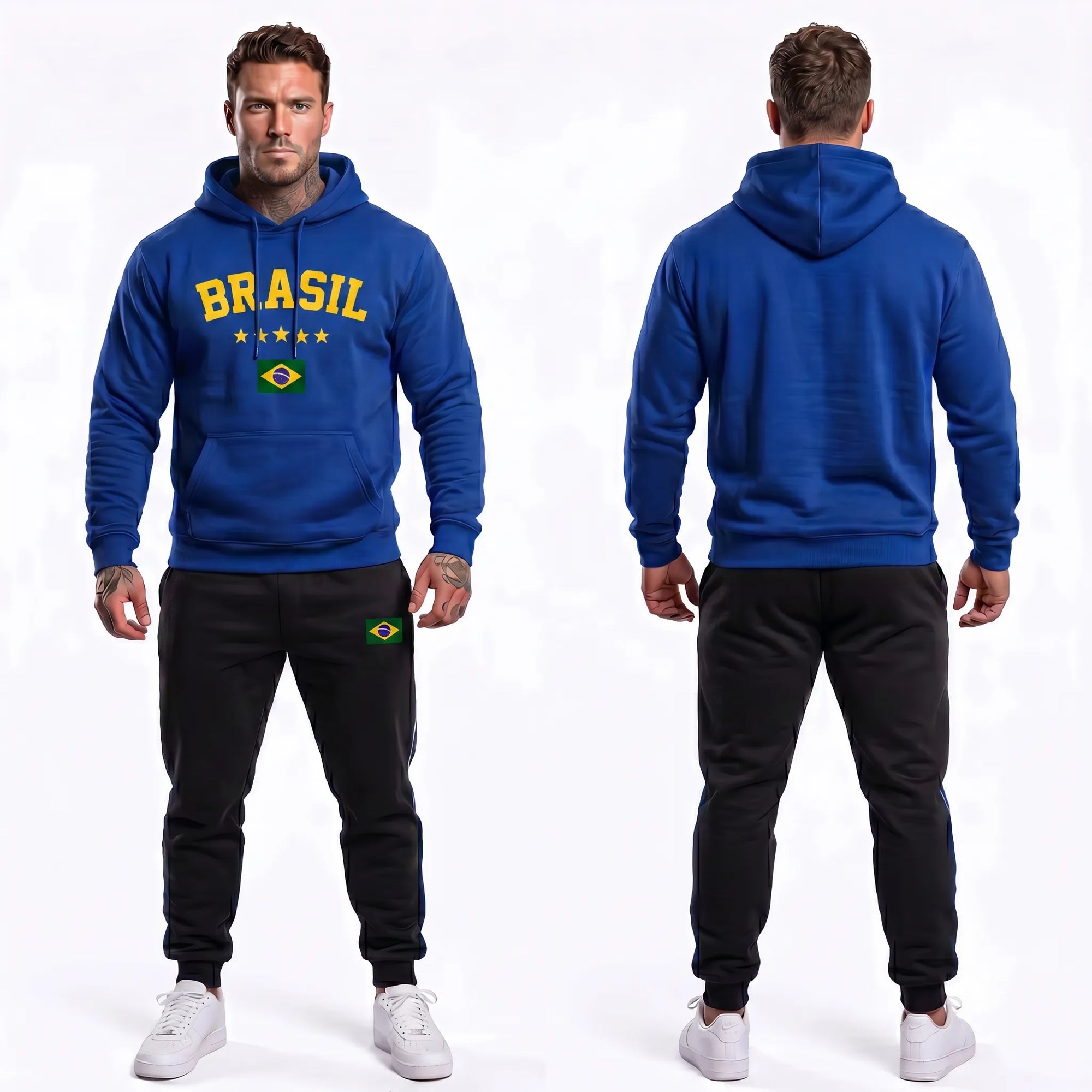 Modelo vestindo conjunto moletom masculino brasil bandeira capuz algodão azul — look torcedor Copa 2026 VAI DAR BRASIL