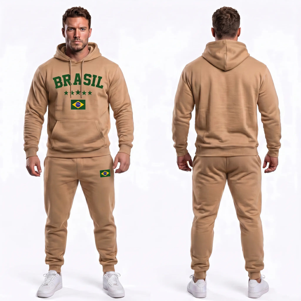 Vista traseira conjunto moletom masculino brasil bandeira algodão bege — calça blusa copa 2026 VAI DAR BRASIL