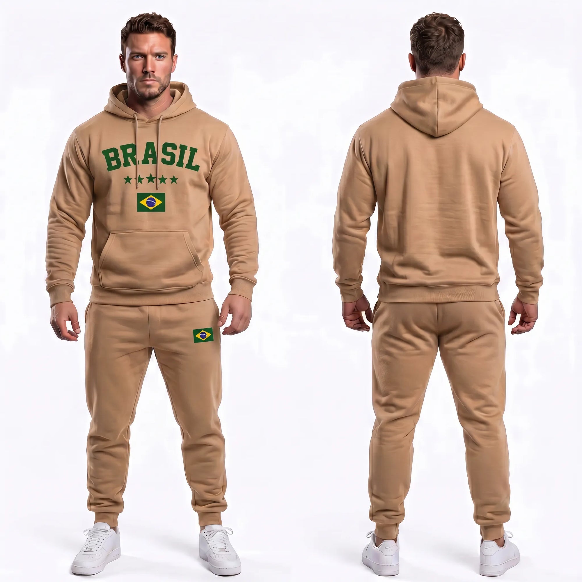Vista traseira conjunto moletom masculino brasil bandeira algodão bege — calça blusa copa 2026 VAI DAR BRASIL
