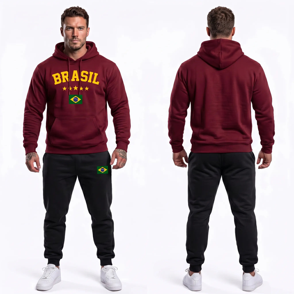 Vista traseira conjunto moletom masculino brasil bandeira algodão bordô preto — calça blusa copa 2026 VAI DAR BRASIL