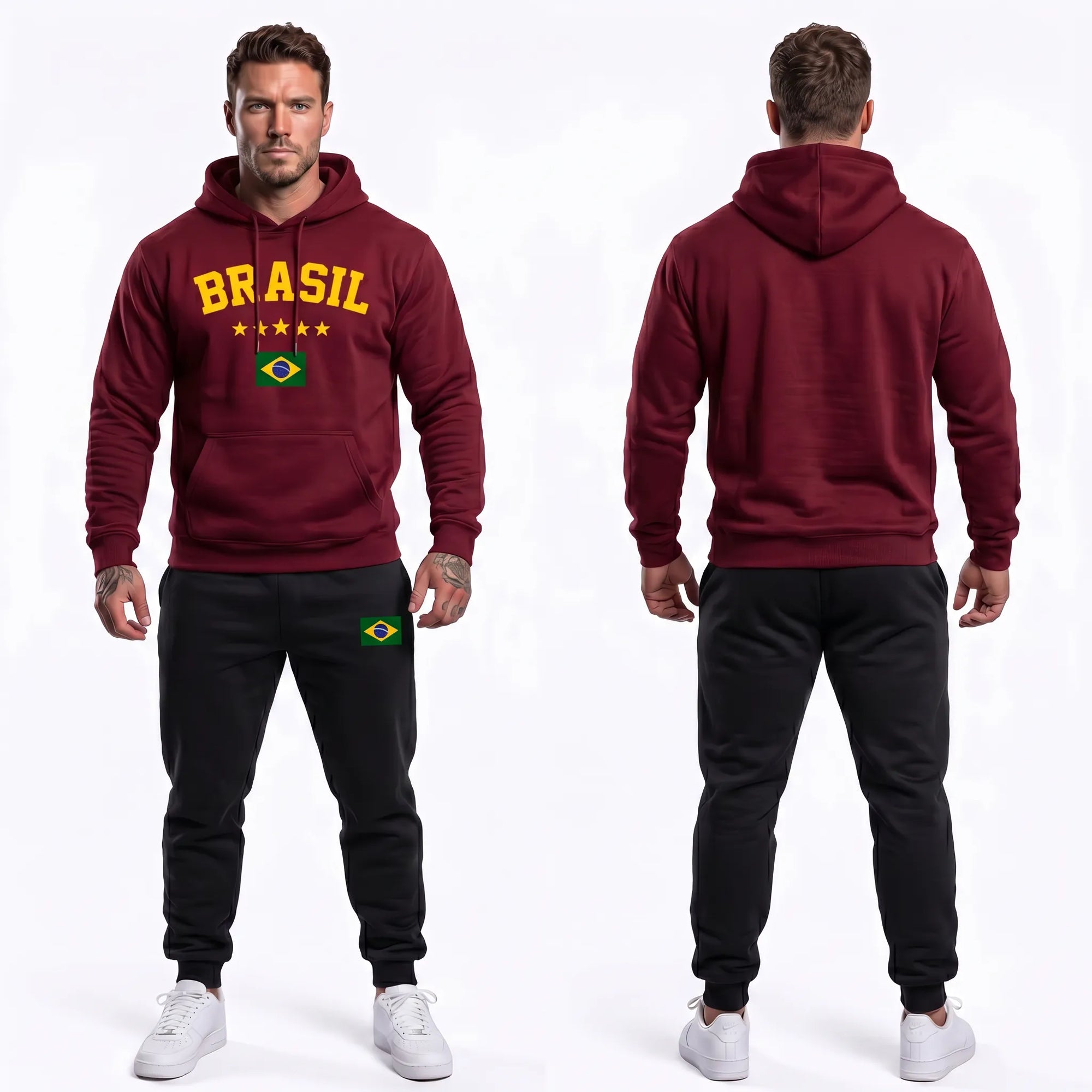 Vista traseira conjunto moletom masculino brasil bandeira algodão bordô preto — calça blusa copa 2026 VAI DAR BRASIL