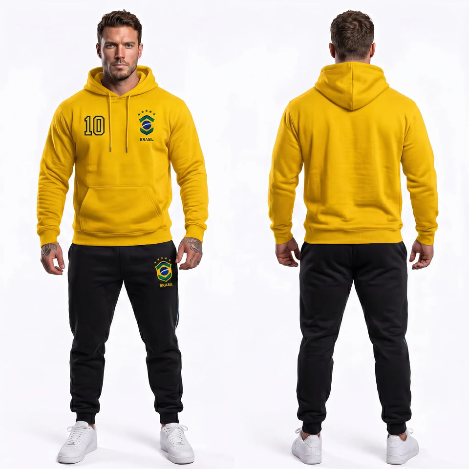 Conjunto moletom masculino brasil brasão número 10 capuz amarelo preto — vista frontal — VAI DAR BRASIL Copa 2026