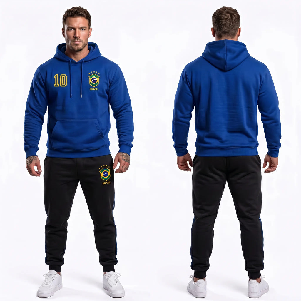 Modelo vestindo conjunto moletom masculino brasil brasão número 10 capuz flanelado azul — look torcedor Copa 2026 VAI DAR BRASIL