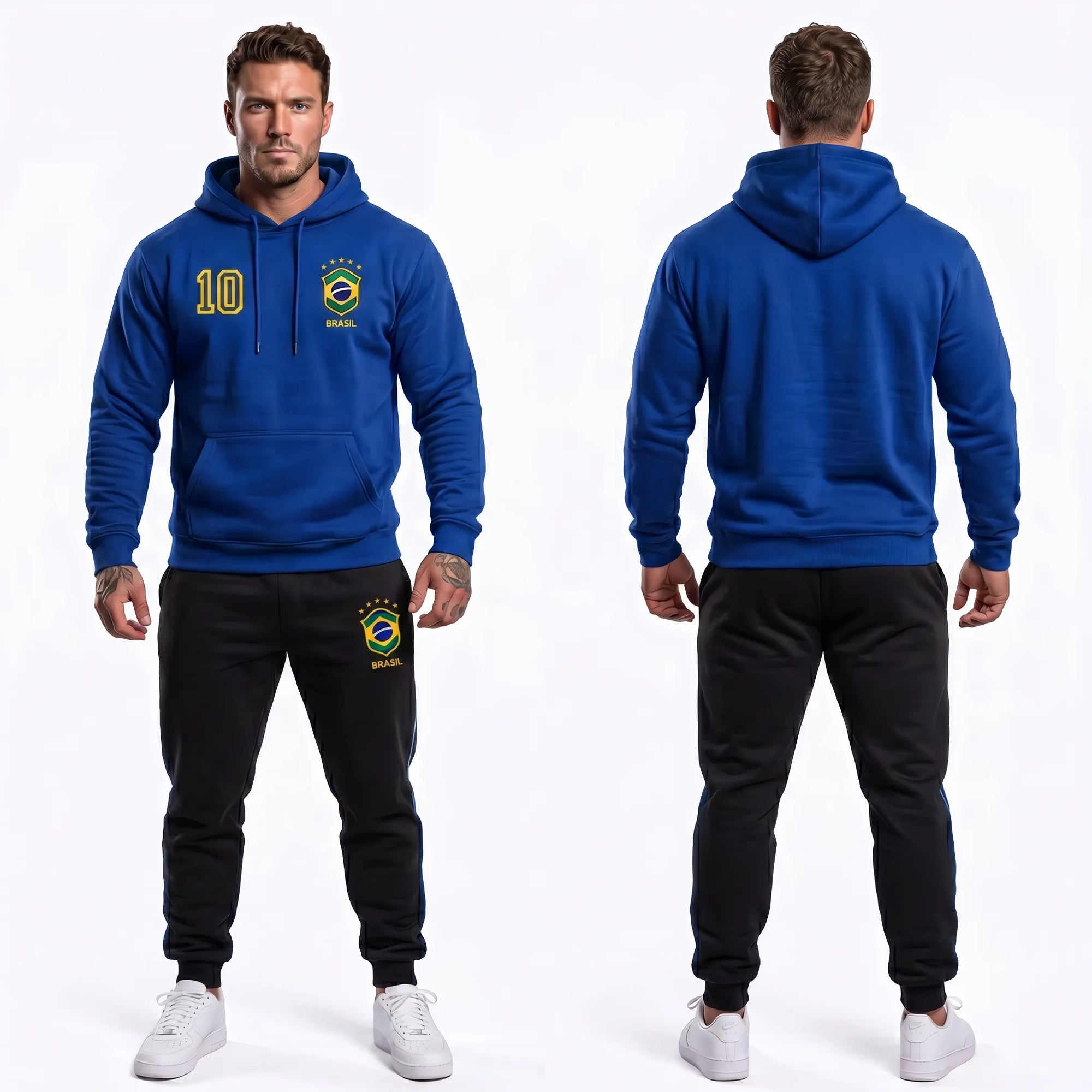 Modelo vestindo conjunto moletom masculino brasil brasão número 10 capuz flanelado azul — look torcedor Copa 2026 VAI DAR BRASIL