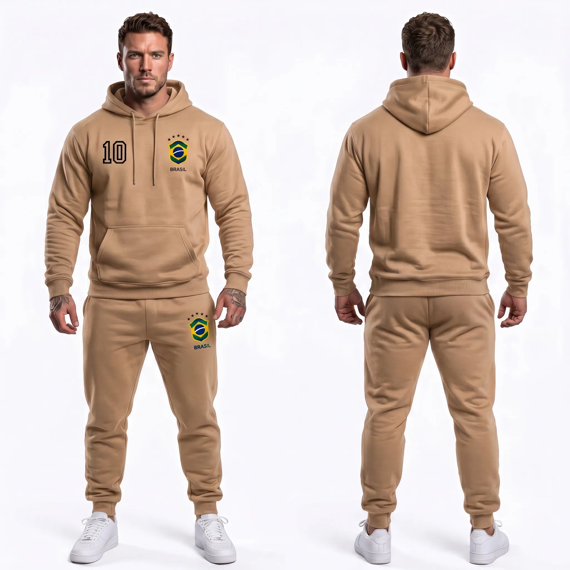 Conjunto moletom masculino brasil brasão número 10 capuz bege — vista frontal — VAI DAR BRASIL Copa 2026