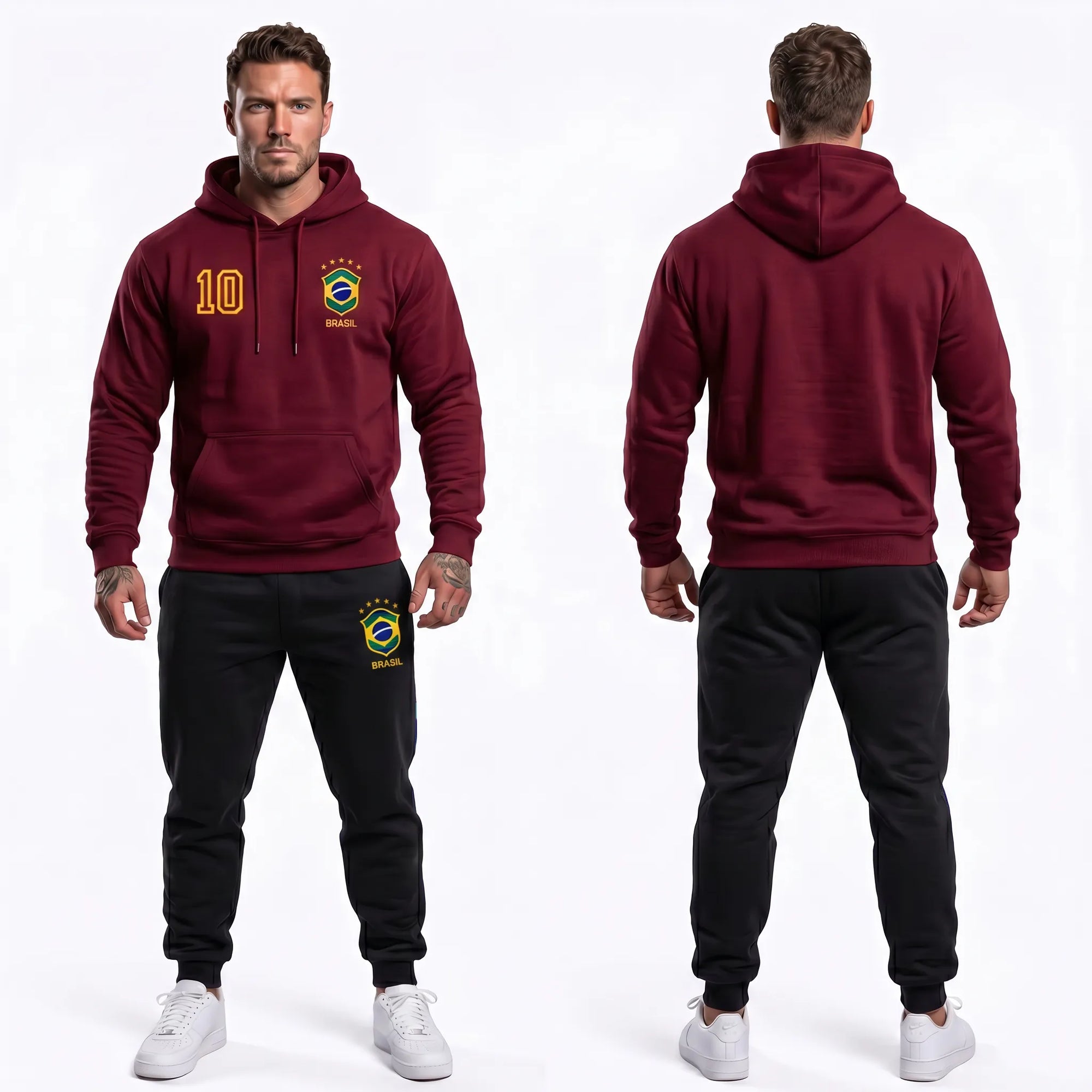 Modelo vestindo conjunto moletom masculino brasil brasão número 10 capuz flanelado bordo — look torcedor Copa 2026 VAI DAR BRASIL