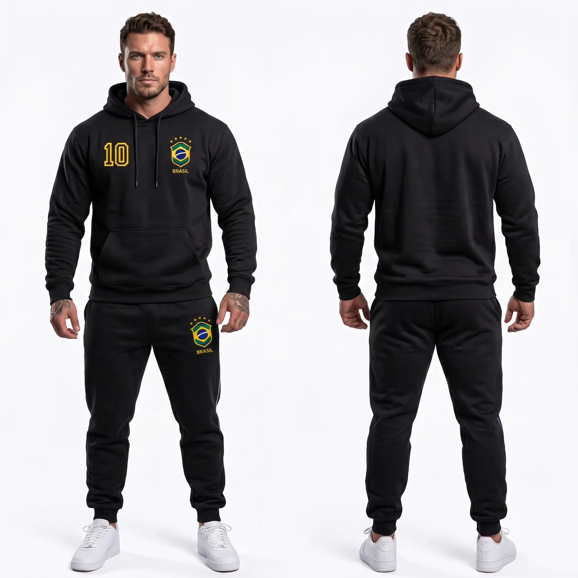 Vista traseira conjunto moletom masculino brasil flanelado capuz azul preto bordô — calça blusa copa 2026 VAI DAR BRASIL