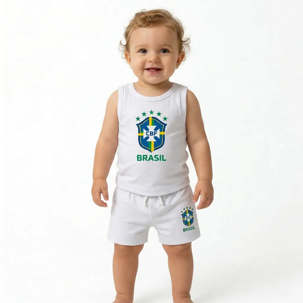 Criança vestindo conjunto infantil brasil camiseta short algodão branca VAI DAR BRASIL — torcedor Copa 2026