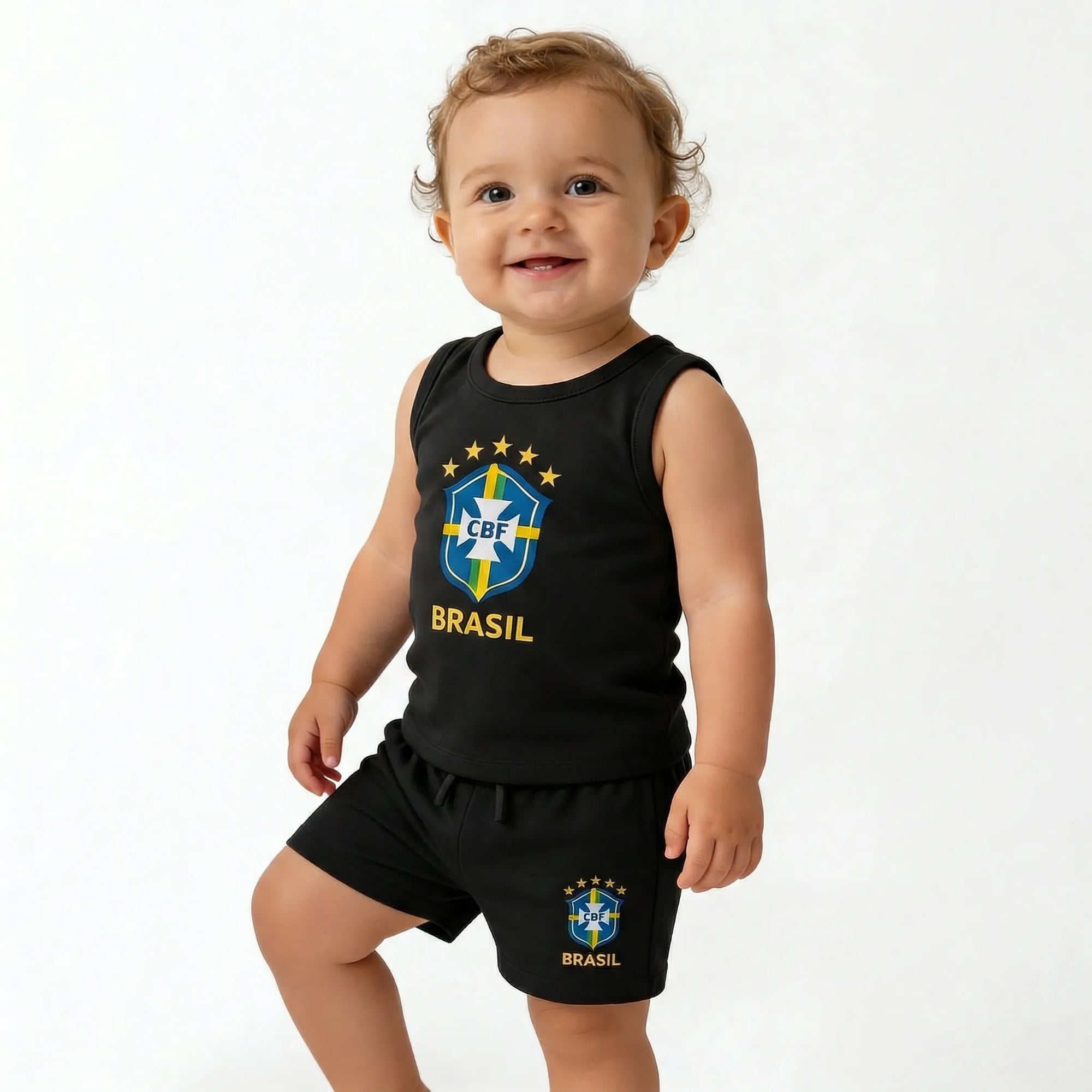 Criança vestindo conjunto infantil brasil camiseta short algodão preta VAI DAR BRASIL — torcedor Copa 2026