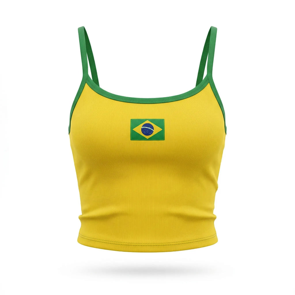 Cropped alça brasil suplex baby look amarelo com bandeira estilizada feminino — VAI DAR BRASIL Copa 2026