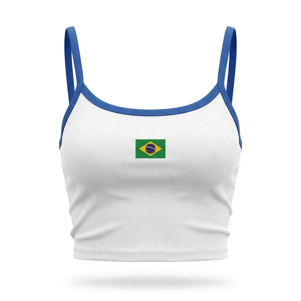 Cropped alça brasil suplex baby look branco com bandeira estilizada feminino — VAI DAR BRASIL Copa 2026